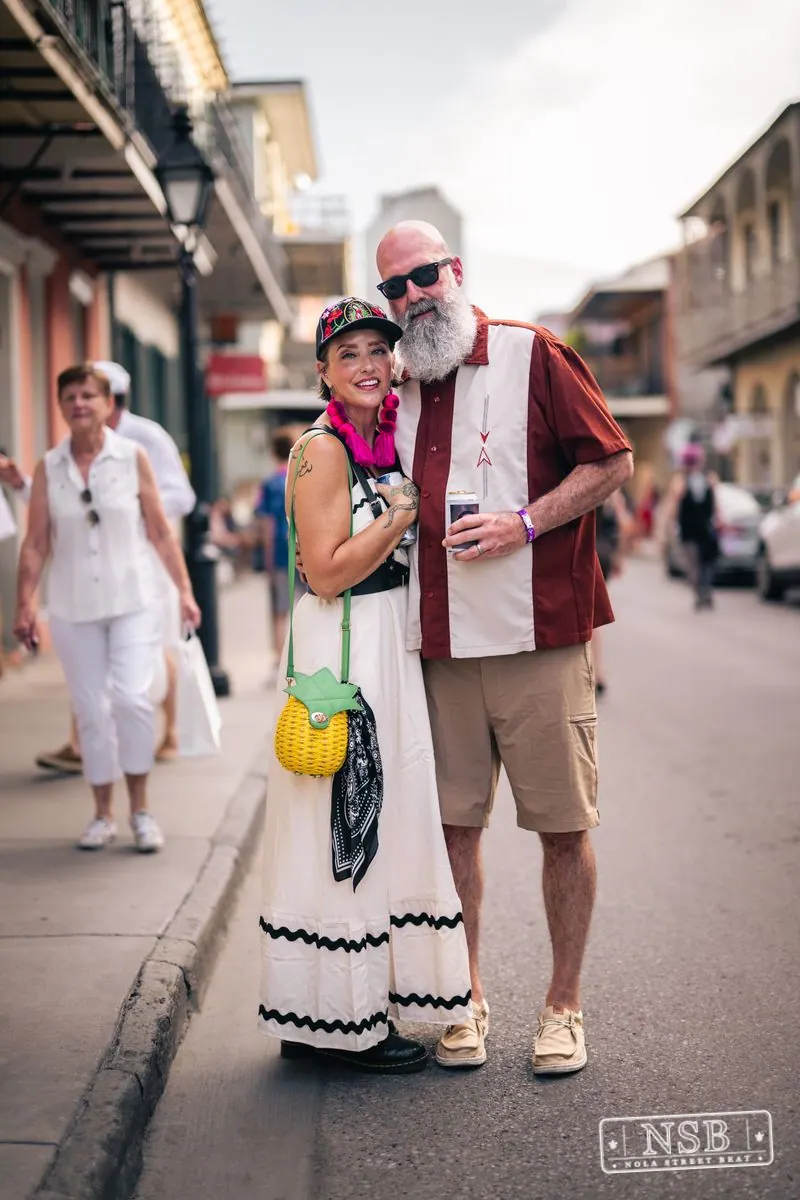 Costumed couple posing together at Dirty Linen Night 2026 in New Orleans
