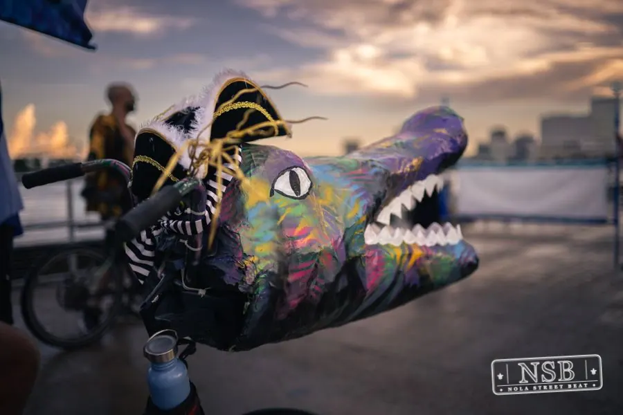 A colorful handmade sea-creature head on a parade bicycle at the 2026 New Orleans Mermaid Parade