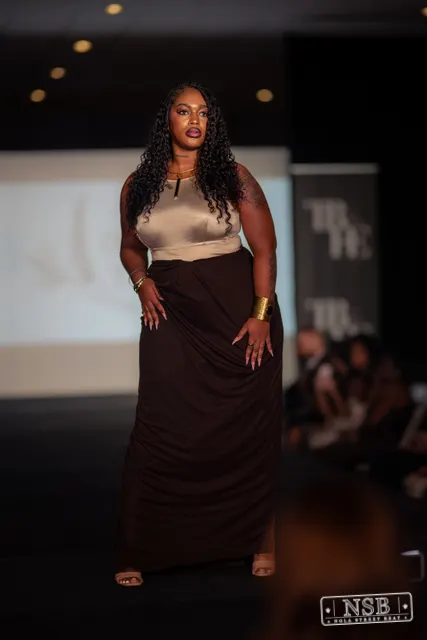 Beige top and brown maxi skirt on the runway at New Orleans Fashion Week 2026. Photo 0034 by Nola Street Beat.