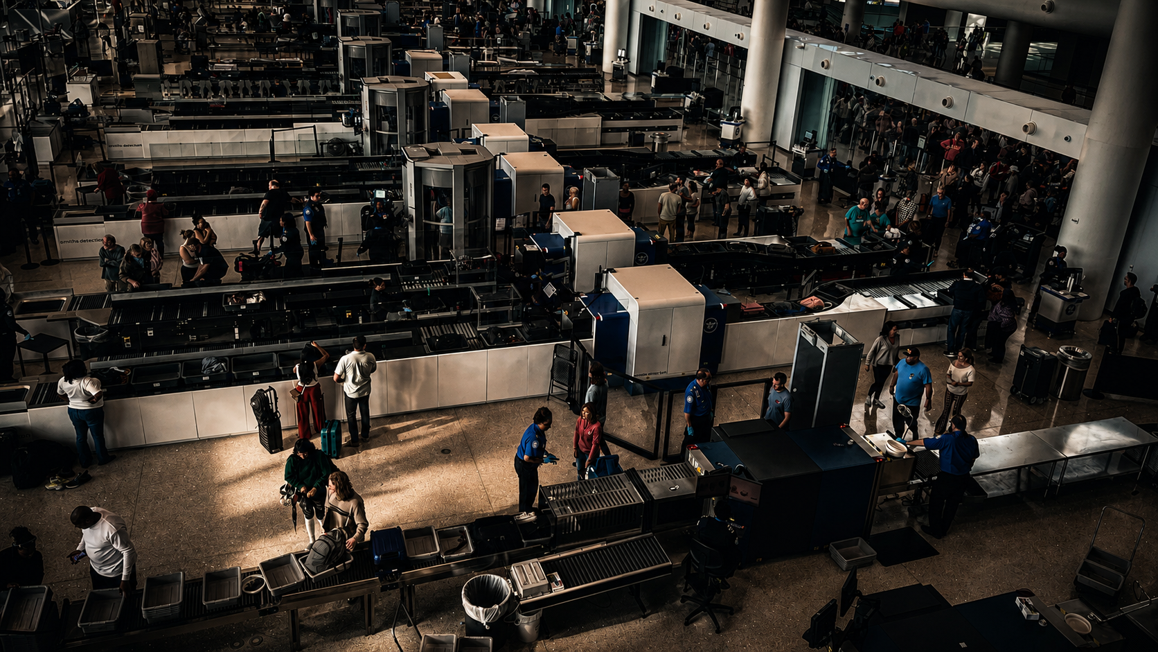 A wide overhead view of busy airport security lanes filled with travelers, luggage, screening equipment and TSA personnel.